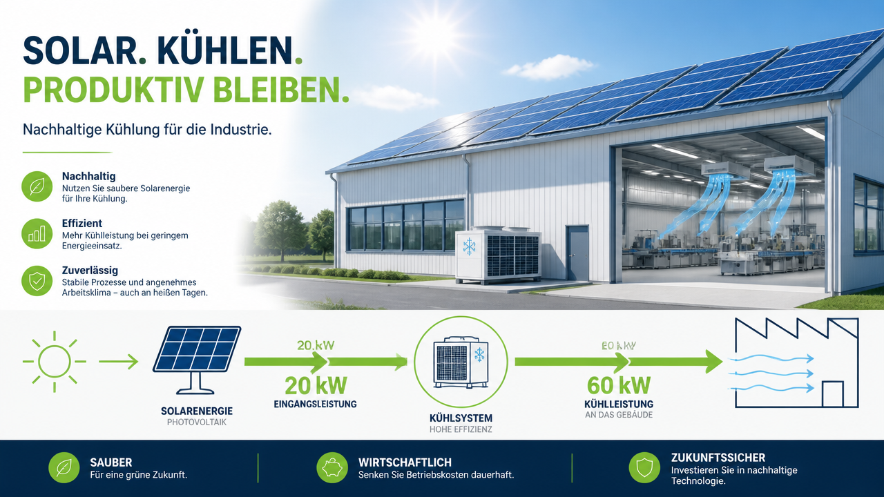 Photovoltaik und Hallenklimatisierung: Energiefluss von Solarstrom zu Kühlleistung – Desktop-Grafik